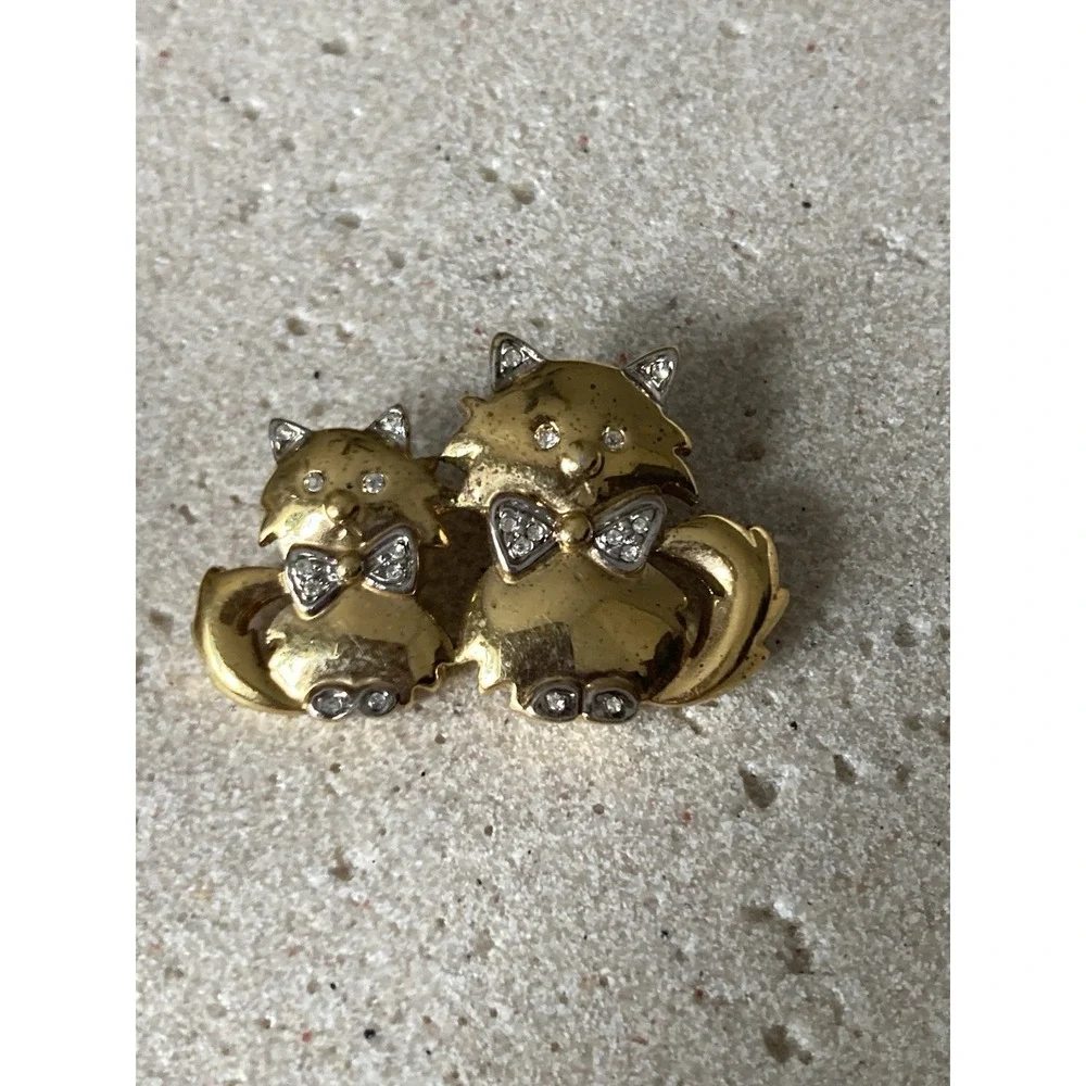 Gold Tone Cat Brooch Pin Rhinestone‎ Bow Mother Kitten Whimsical Novelty